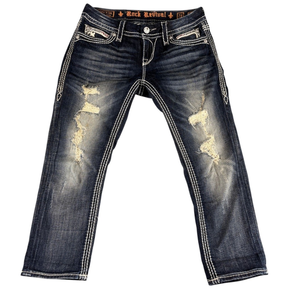 Rock Revival Noell Capri Women's 28 Blue Distressed Y2K Western Work Embroidered